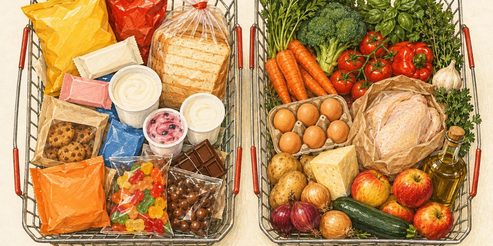 Illustration of two shopping baskets, one filled with packaged snacks and one with vegetables, eggs and fruit