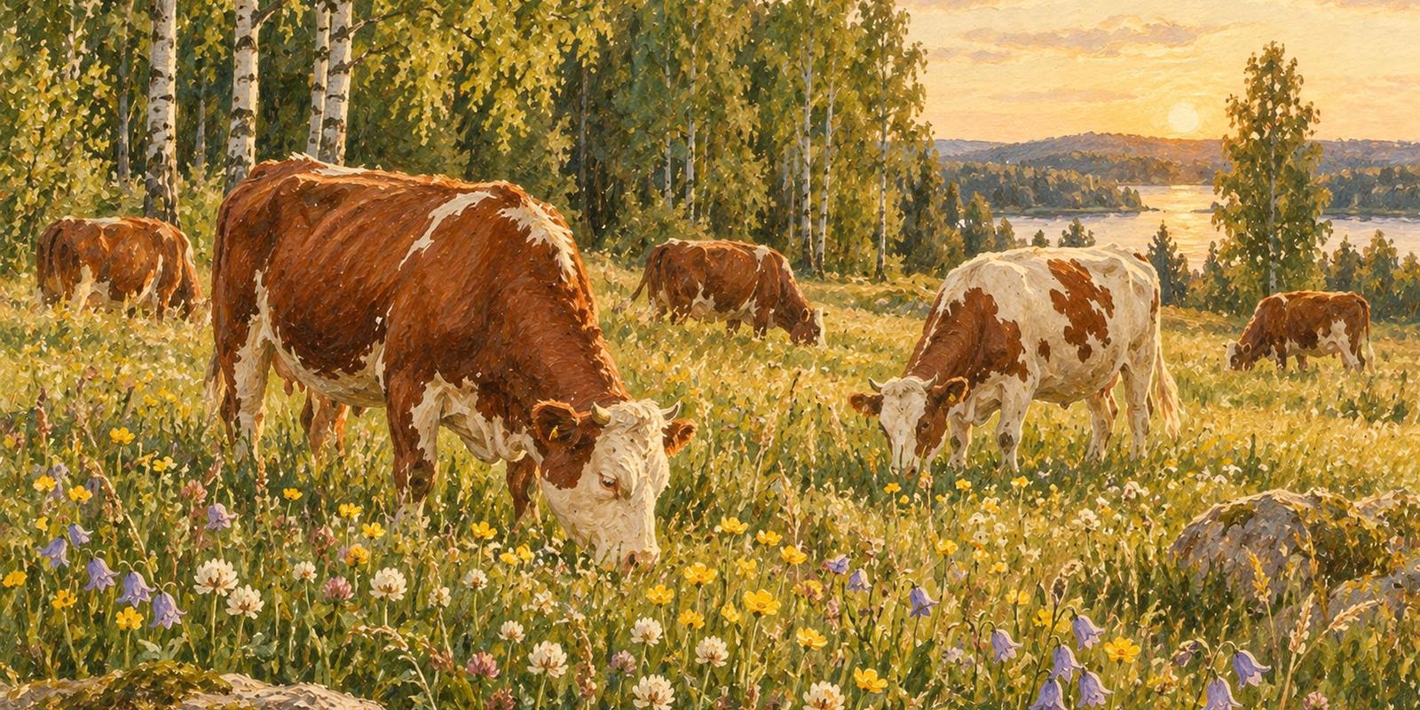 Illustration of cows grazing in a summer meadow by a lake
