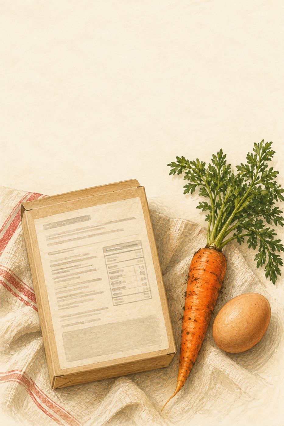 Illustration of a plain food package next to a carrot and an egg
