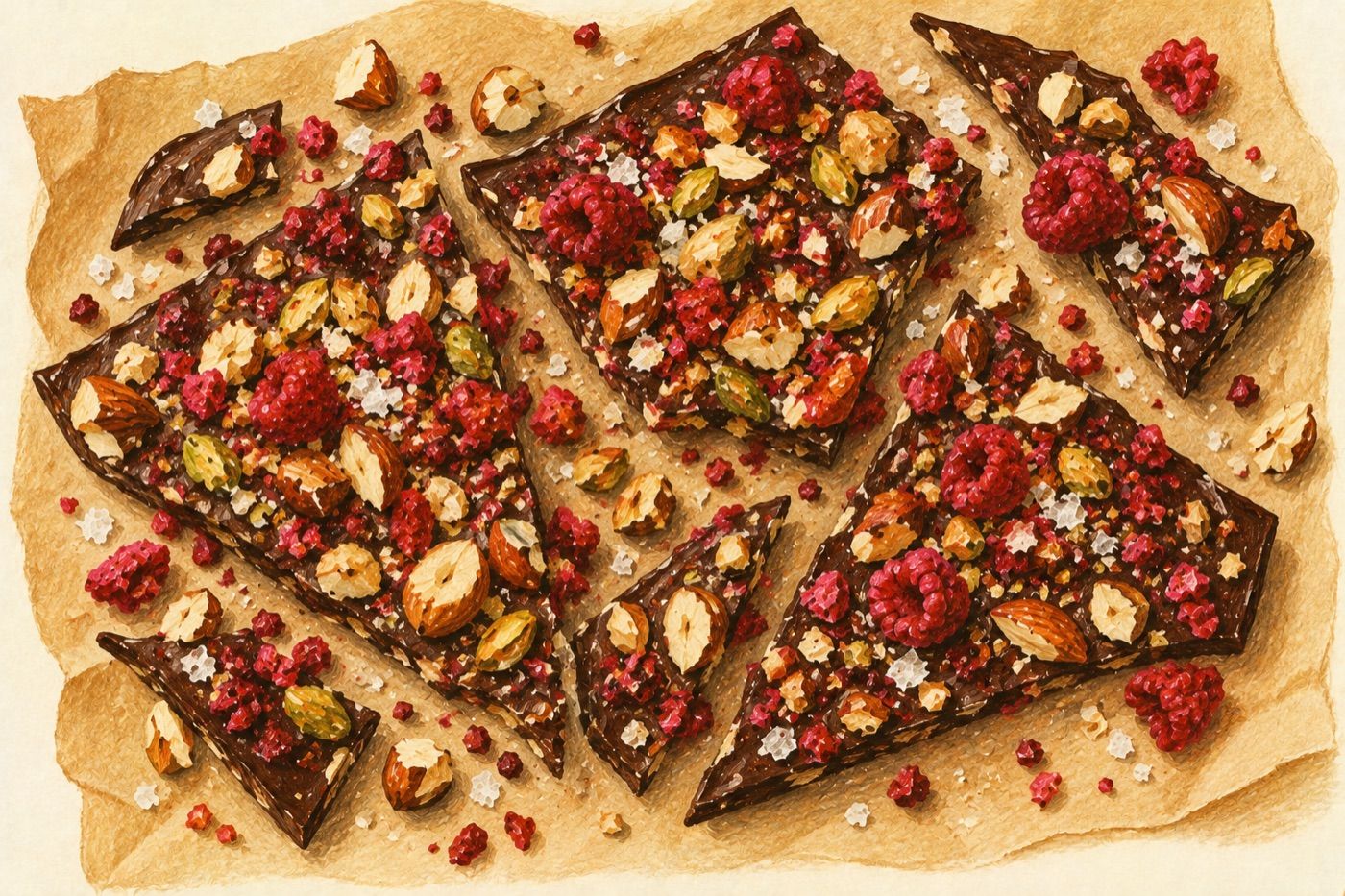 Dark chocolate bark with nuts and raspberries